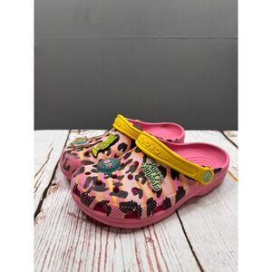 Crocs Clogs Women Pink Leopard Animal Print Yellow Strap Jibbitz Size J5